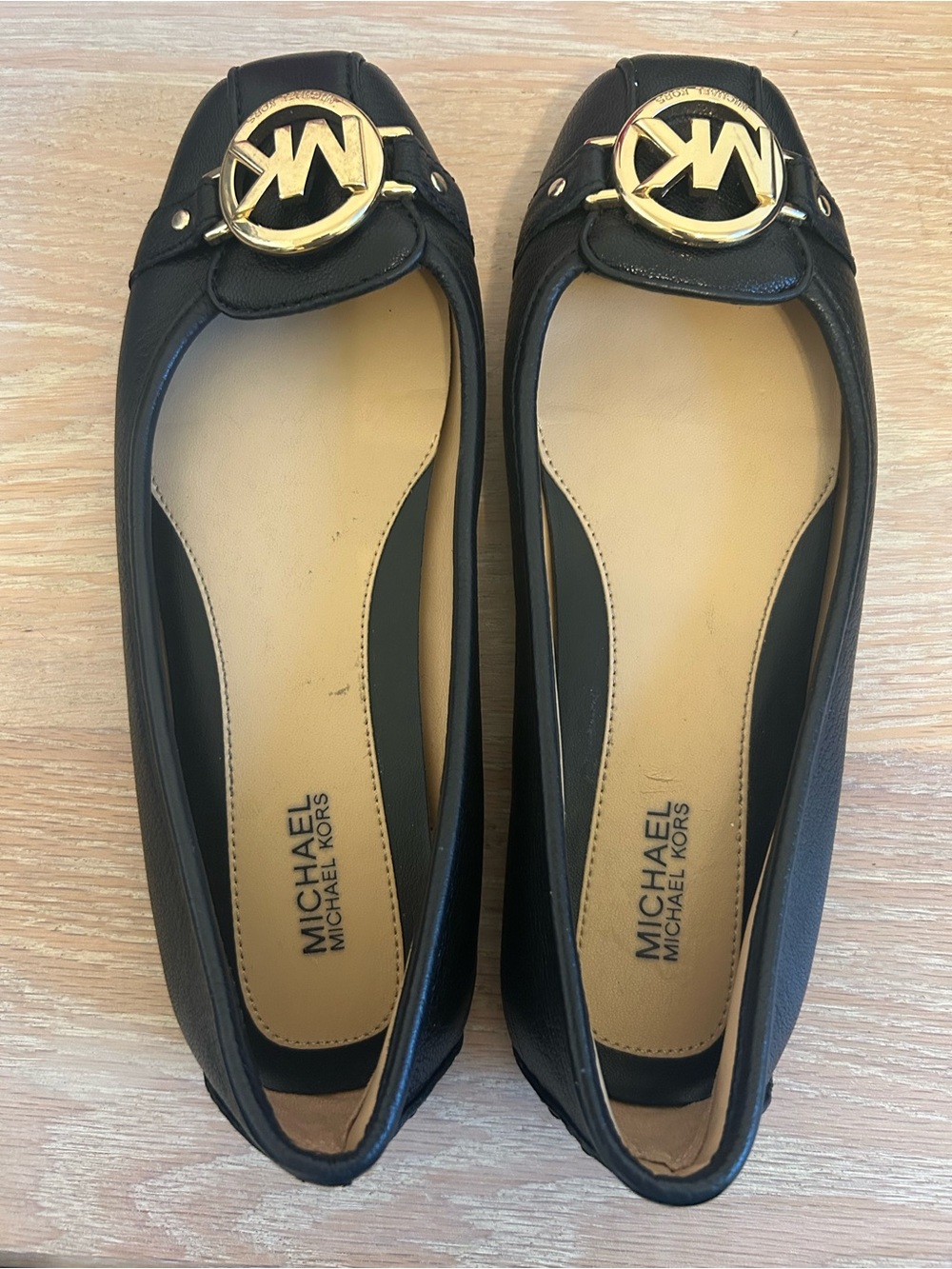 MICHAEL Michael Kors Black Leather Logo Ballet Flats with Gold MK Accent